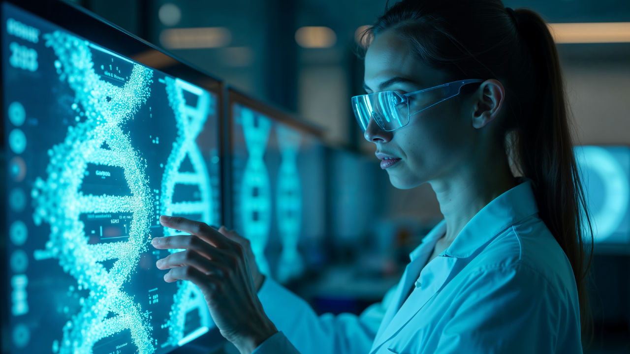  Científico analizando una secuencia de ADN en una pantalla digital en un laboratorio de genómica.