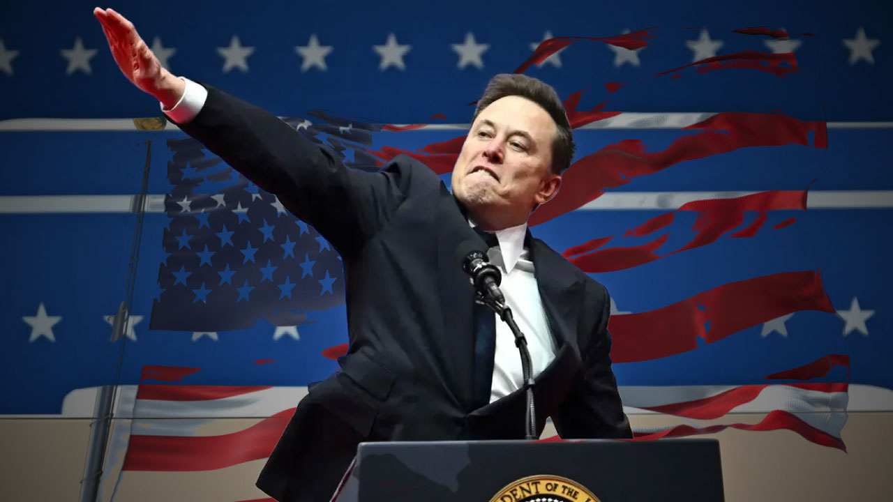 Elon Musk frente a un fondo con la bandera de EU y el logo del Partido EU.